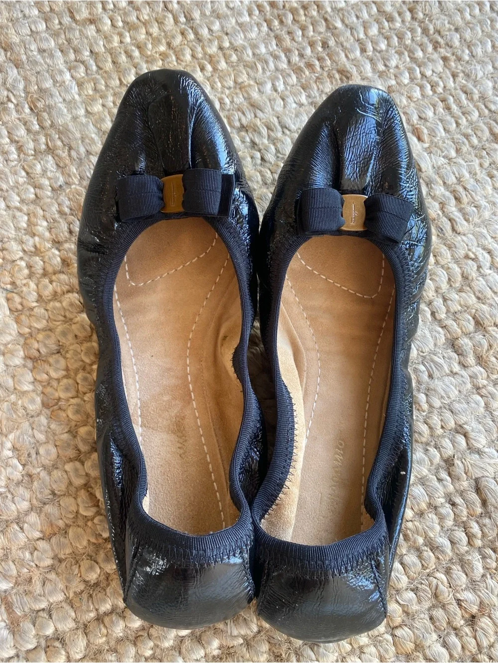 Salvatore Ferragamo Black Patent Leather Bow Ballet Flats